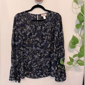 Loft Blue Floral Blouse | Peasant Sleeves | M
